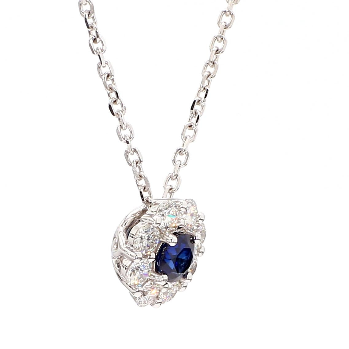 Natural Blue Round Sapphire and White Diamond 0.88 Carat TW Gold Drop Pendant