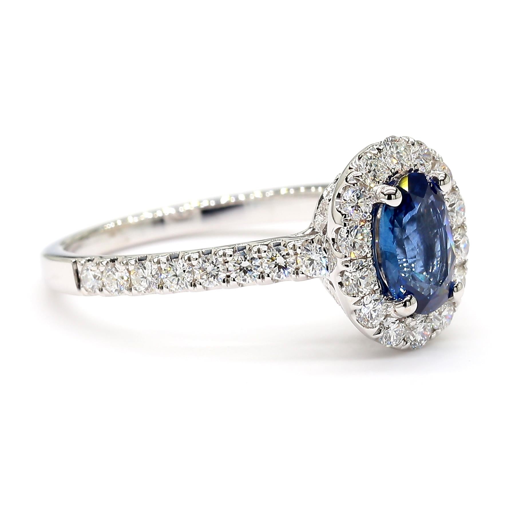 Natural Blue Oval Sapphire and White Diamond 1.47 Carat TW Gold Cocktail Ring