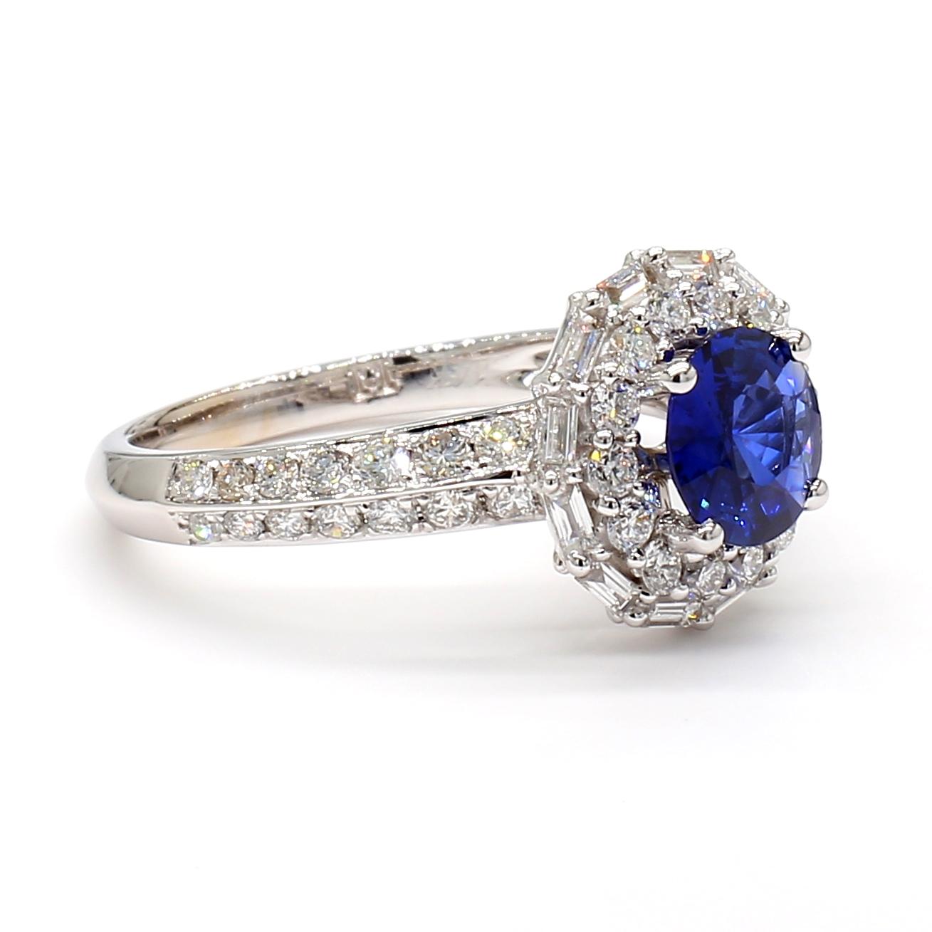 Natural Blue Round Sapphire and White Diamond 1.70 Carat TW White Gold Ring