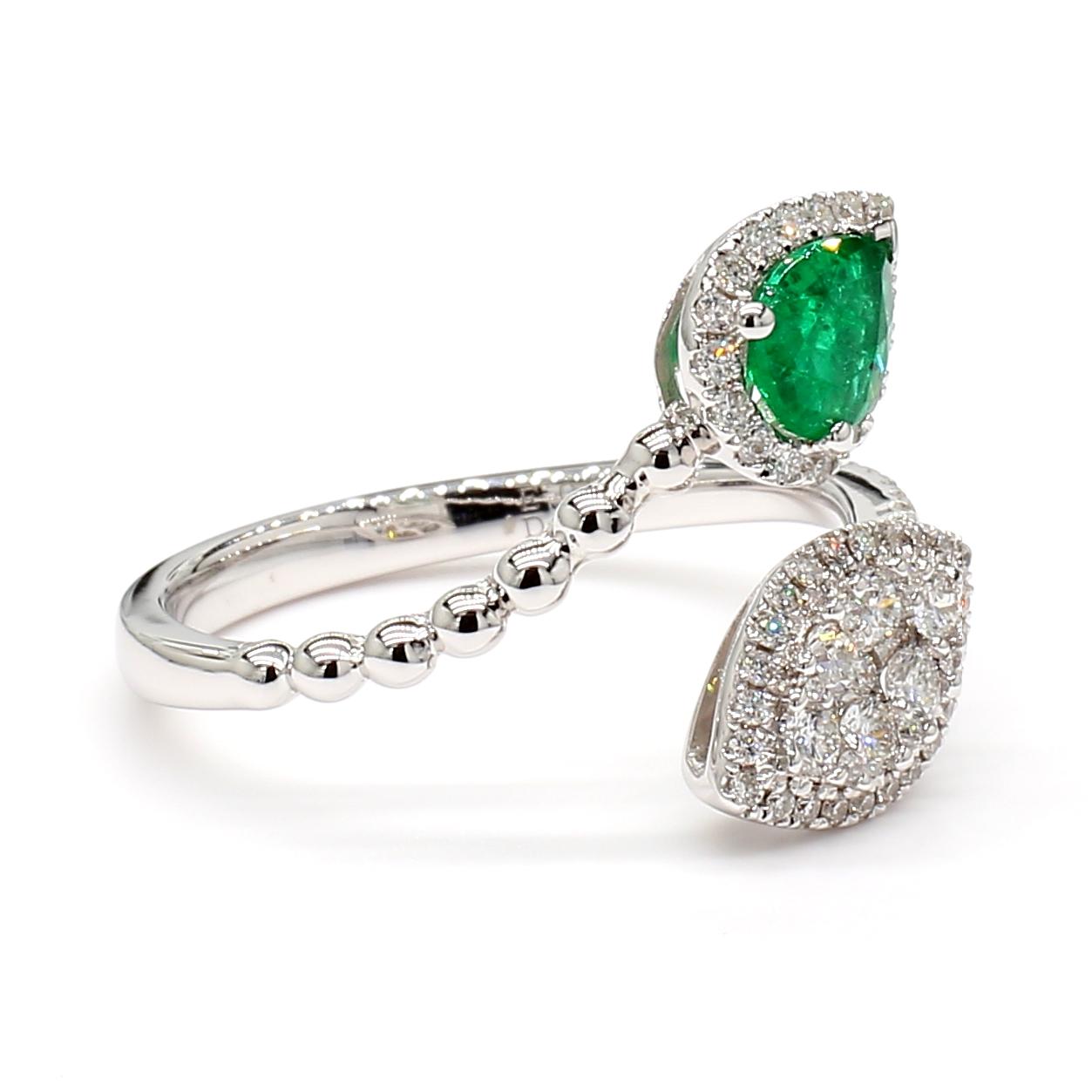 Natural Pear Emerald and White Diamond 0.77 Carat TW White Gold Cocktail Ring