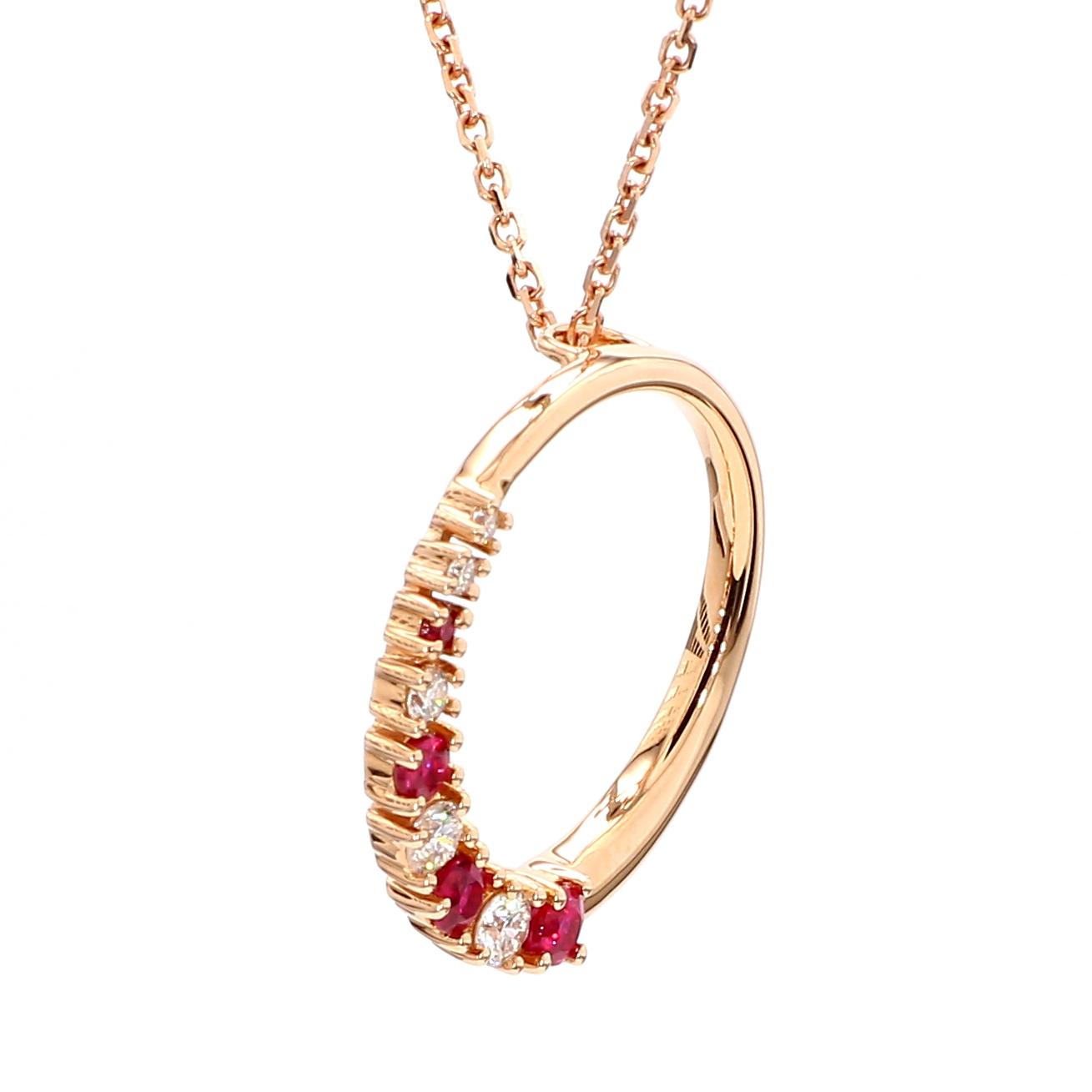 Natural Round Red Ruby and White Diamond .37 Carat TW Rose Gold Drop Pendant