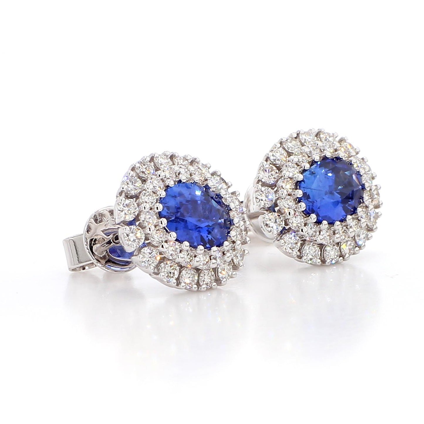 Natural Blue Oval Sapphire and Diamond 3.38 Carat TW Gold Stud Earrings