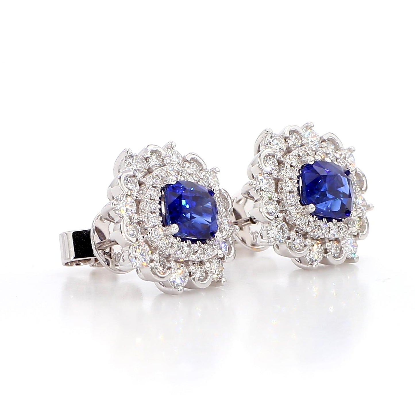 Natural Blue Cushion Sapphire and White Diamond 3.31 Carat TW Gold Stud Earrings