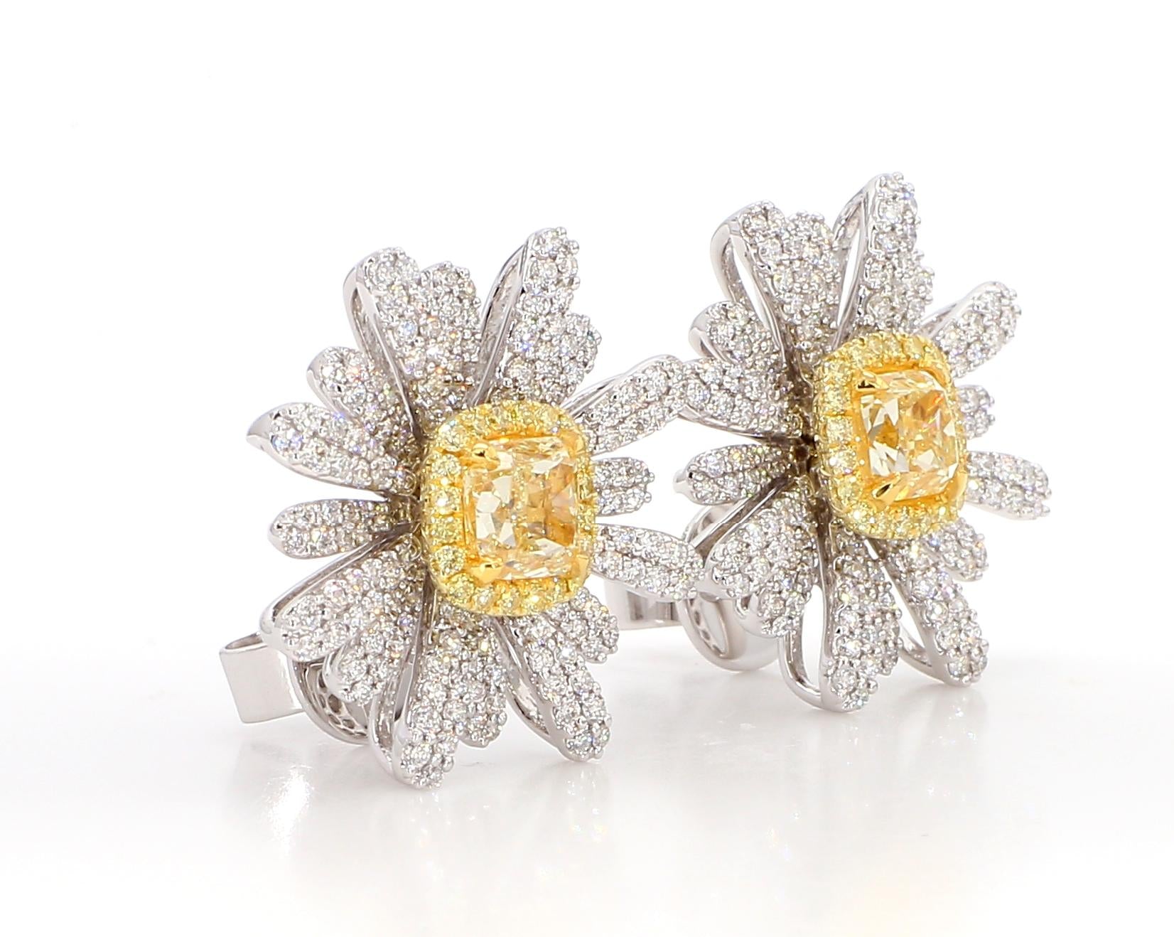 GIA Certified Natural Yellow Radiant Diamond 3.44 Carat TW Gold Stud Earrings