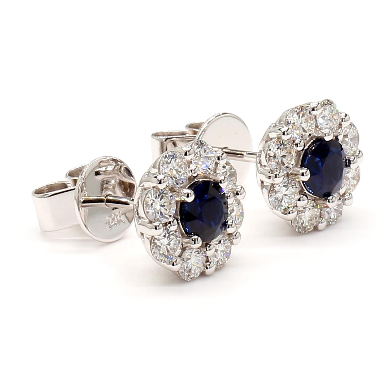 Natural Blue Round Sapphire and Diamond 1.73 Carat TW Gold Stud Earrings