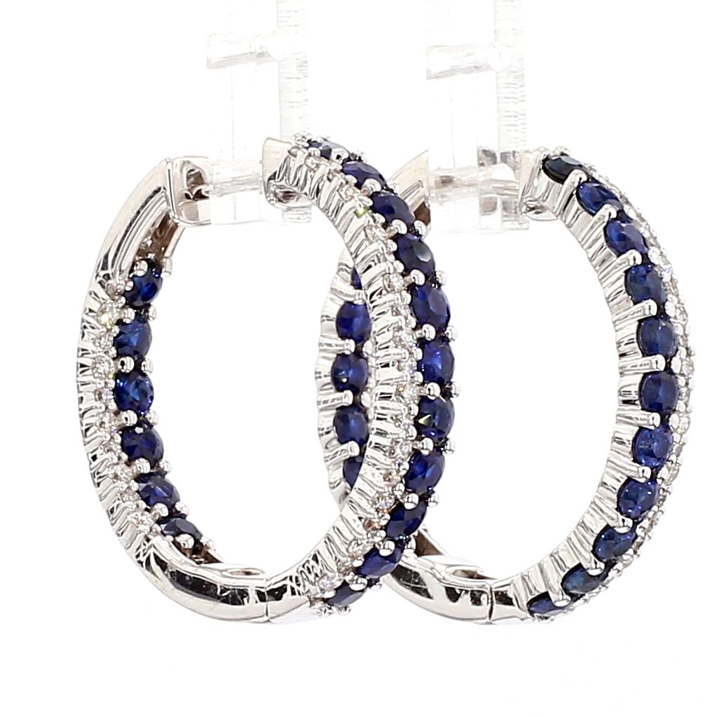 Natural Blue Round Sapphire and White Diamond 3.47 Carat TW Gold Hoop Earrings