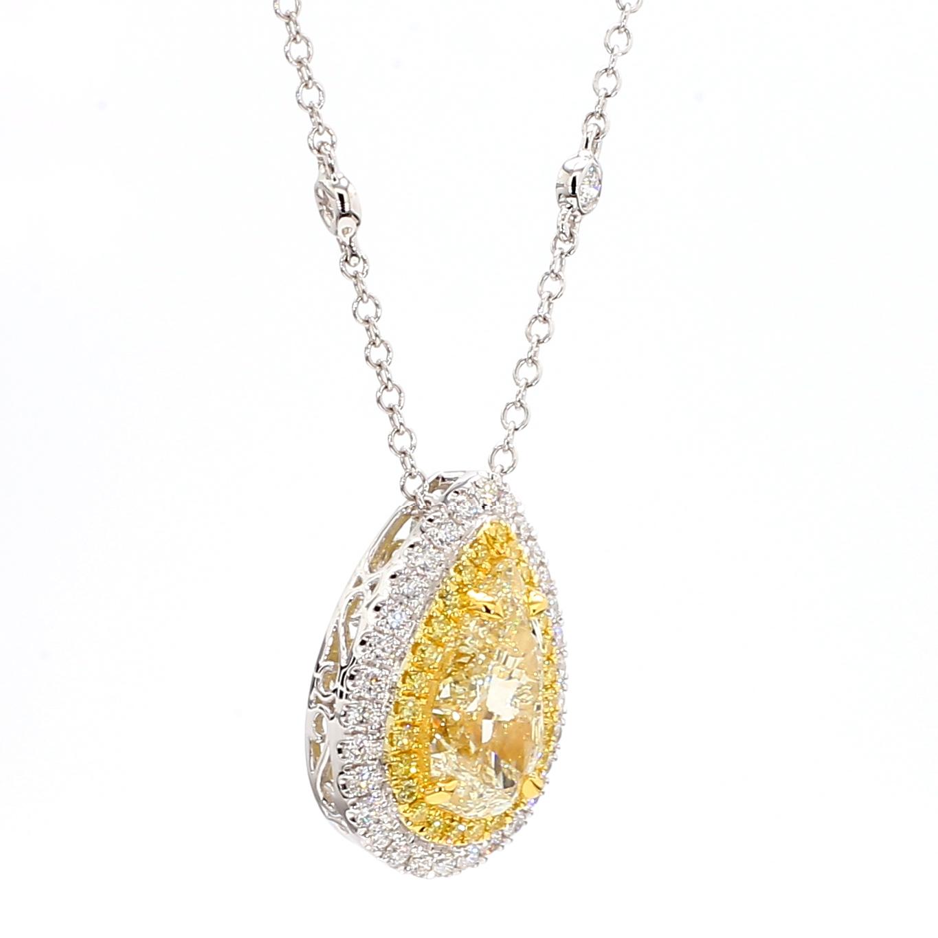 GIA Certified Natural Yellow Pear Diamond 4.40 Carat TW Gold Drop Pendant