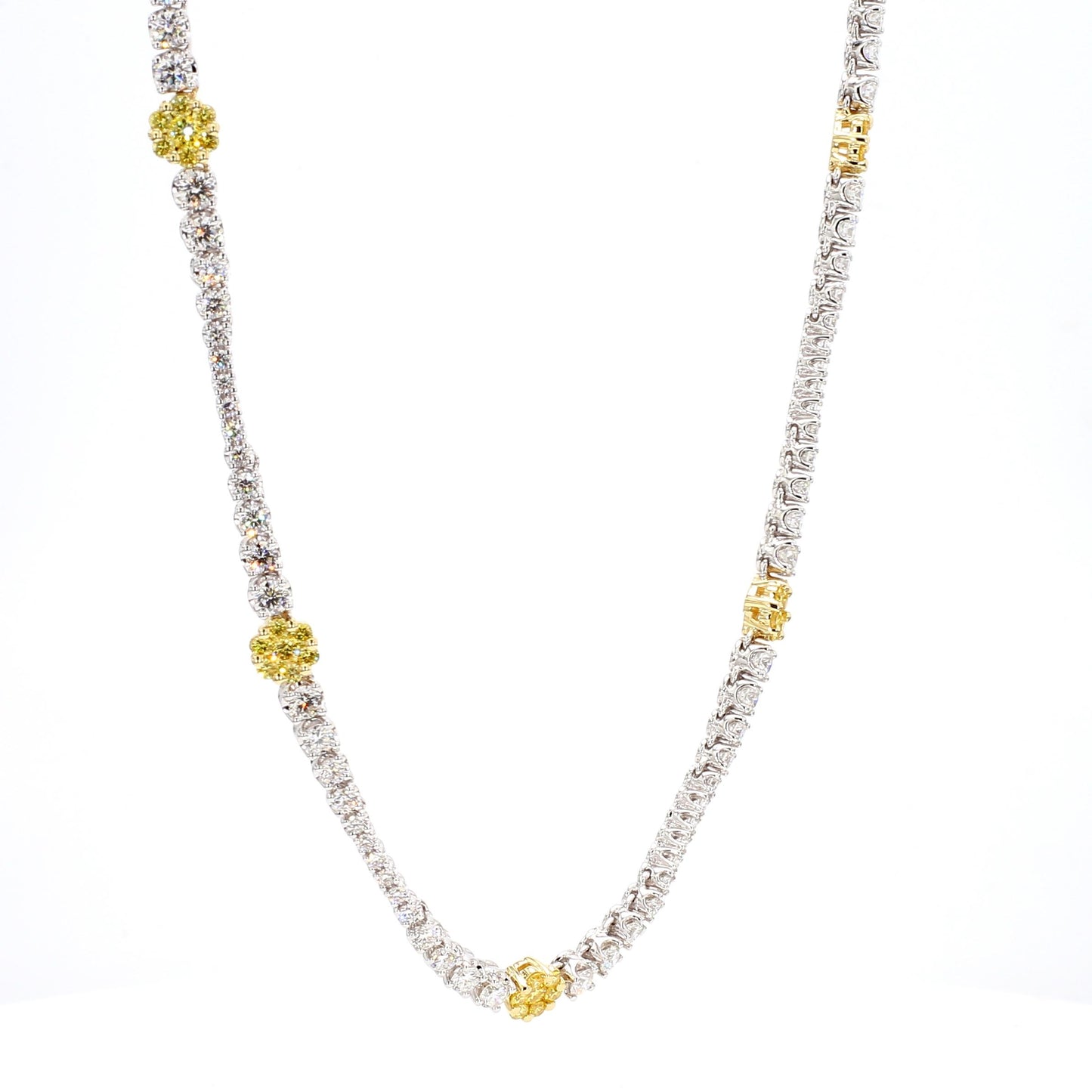 Natural Yellow Round and White Diamond 7.93 Carat TW Gold Drop Necklace