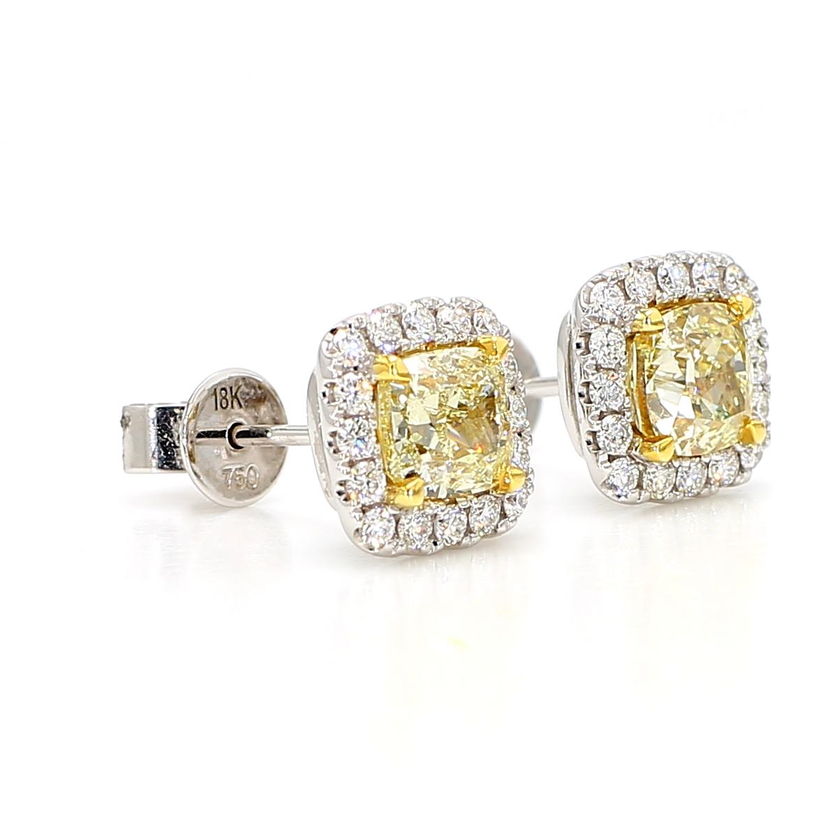 GIA Certified Natural Yellow Cushion Diamond 2.23 Carat TW Gold Earrings