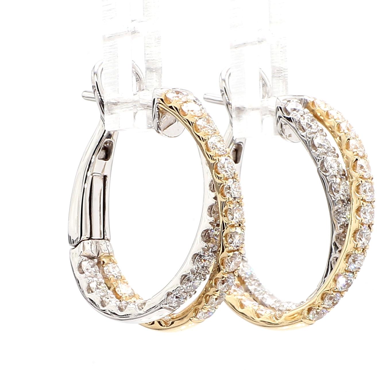 Natural White Round Diamond 1.76 Carat TW Gold Hoop Earrings