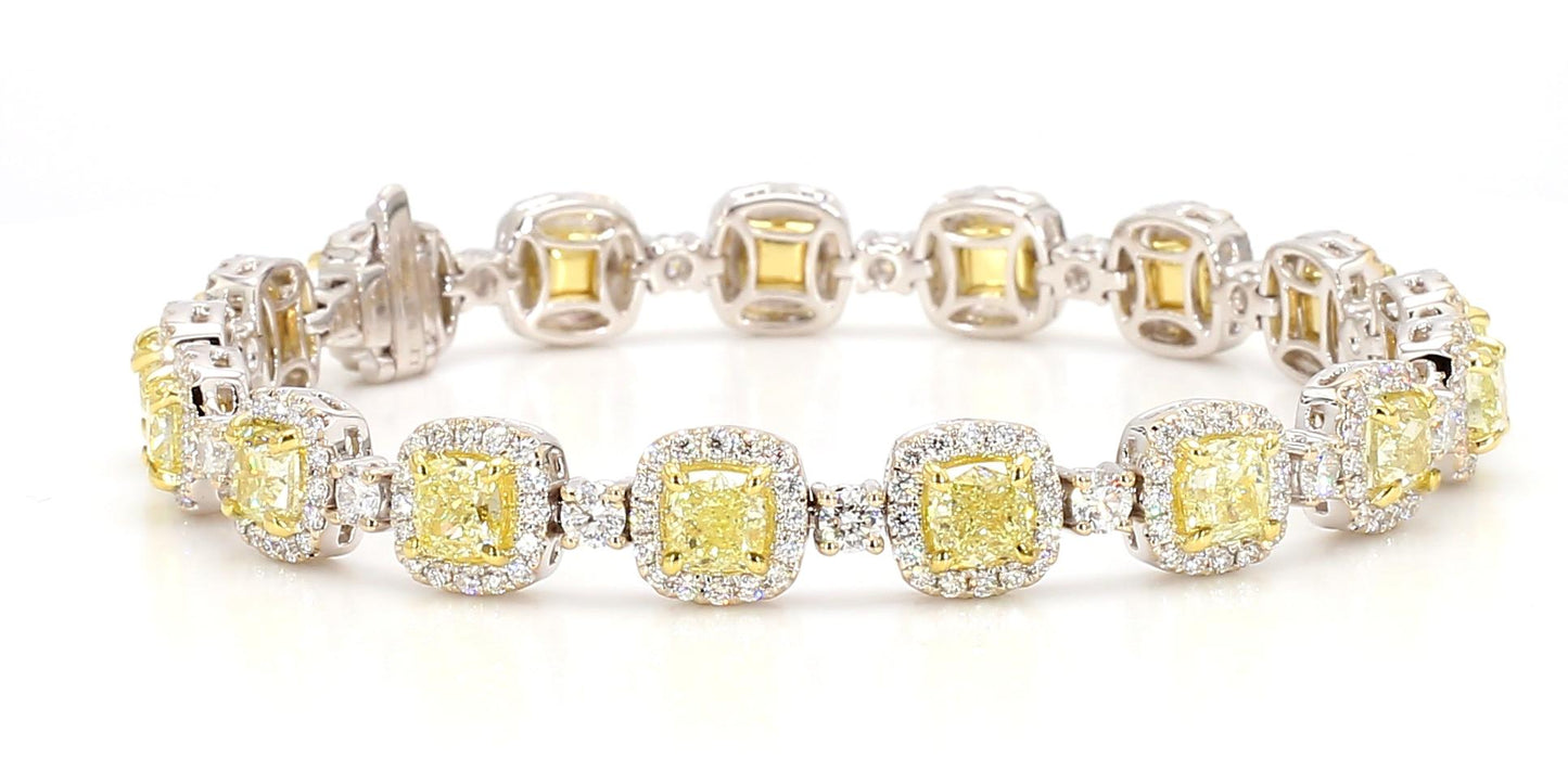 GIA Certified Natural Yellow Cushion Diamond 11.95 Carat TW Gold Tennis Bracelet