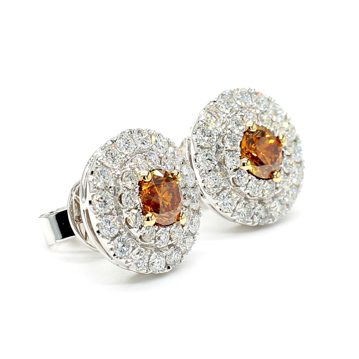 GIA Certified Natural Orange Round Diamond 2.19 Carat TW Gold Stud Earrings