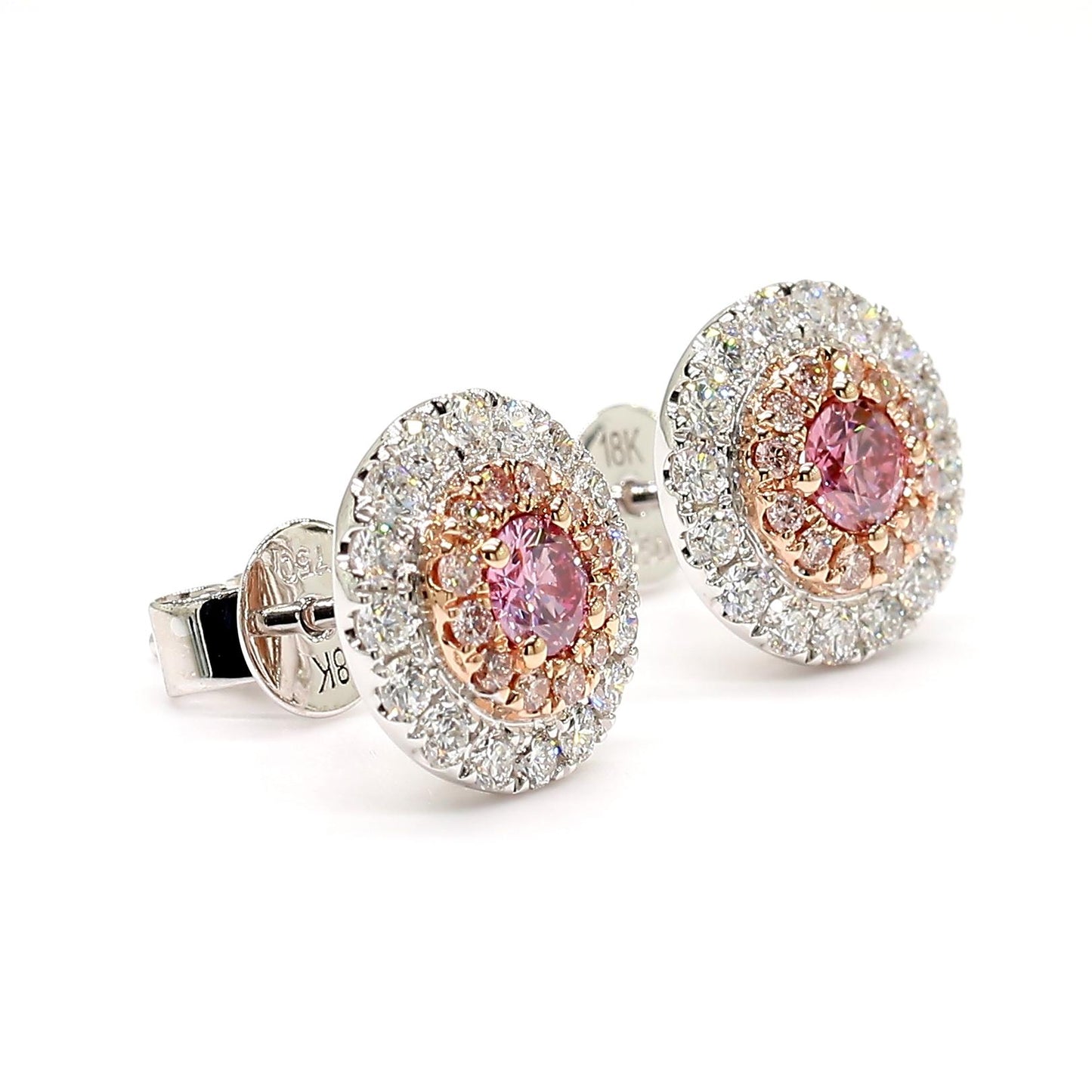 GIA Certified Intense Purplish Pink Round Diamond 0.90 Carat TW Gold Earrings