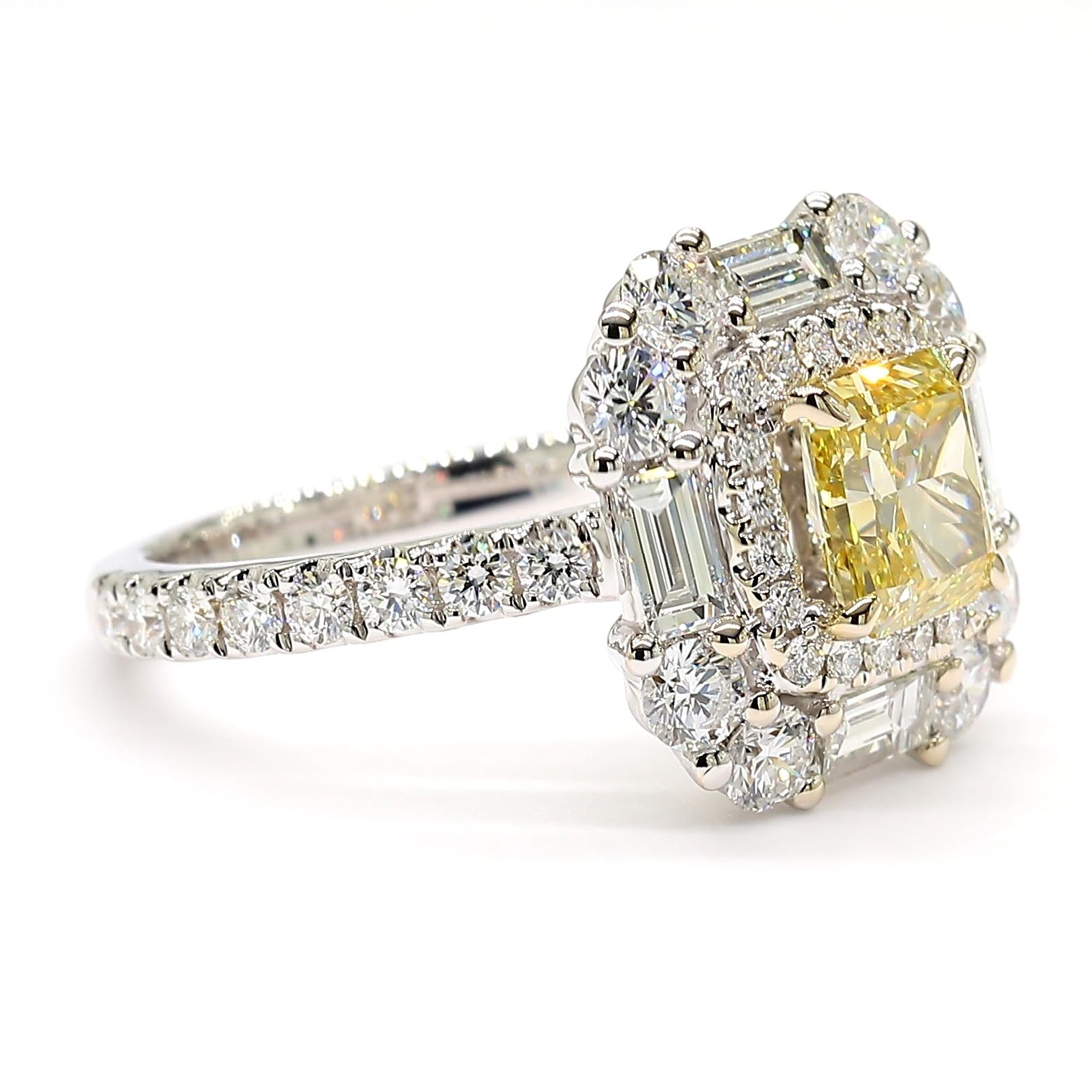 GIA Certified Intense Yellow Radiant Diamond 2.54 Carat TW Gold Cocktail Ring