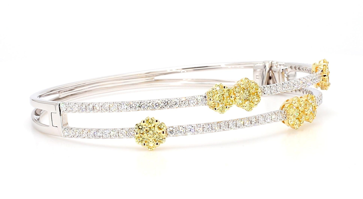 Natural Yellow Round and White Diamond 2.49 Carat TW Gold Cuff Bracelet