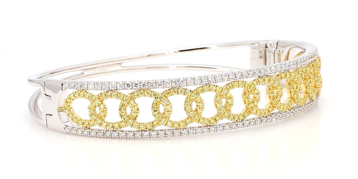 Natural Yellow Round and White Diamond 2.06 Carat TW Gold Cuff Bracelet