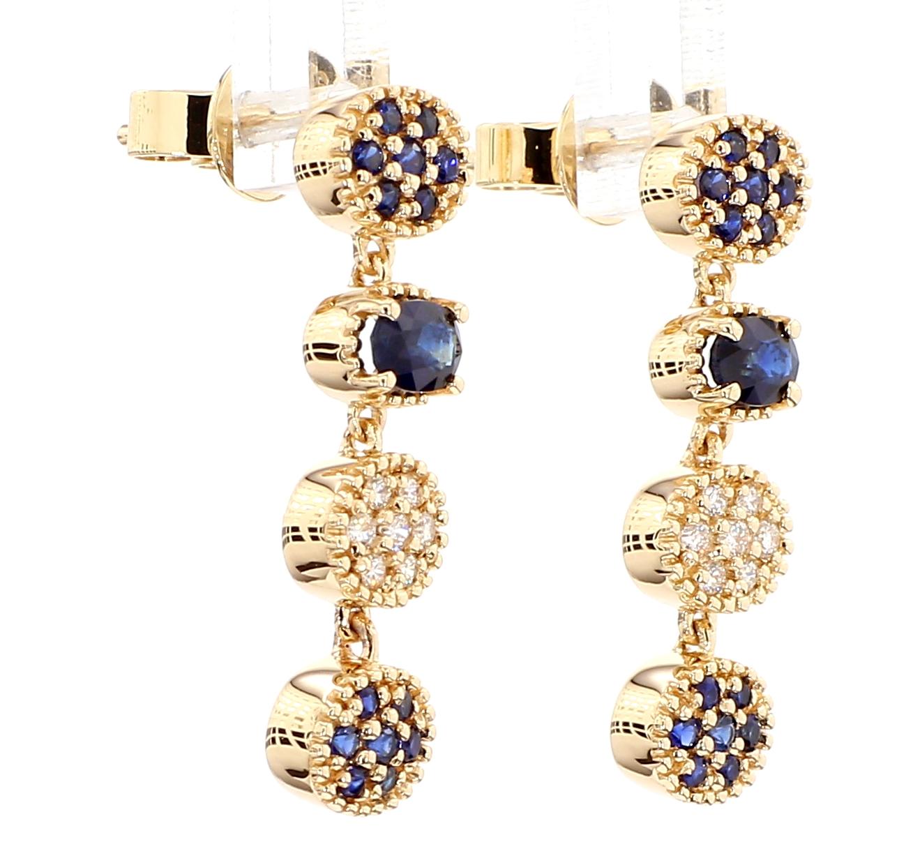 Natural Blue Oval Sapphire and White Diamond 0.87 Carat TW Gold Drop Earrings