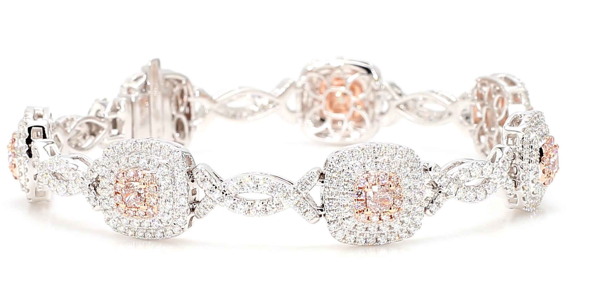 GIA Certified Natural Pink Cushion Diamond 4.59 Carat TW Gold Tennis Bracelet