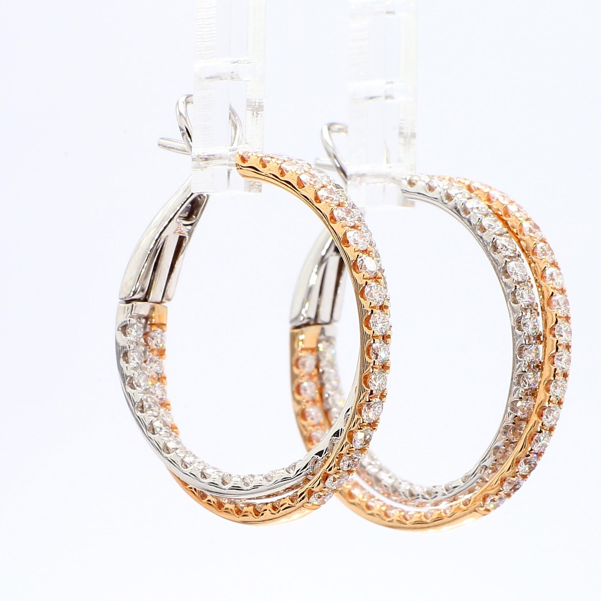 Natural White Round Diamond 2.61 Carat TW Rose Gold Hoop Earrings