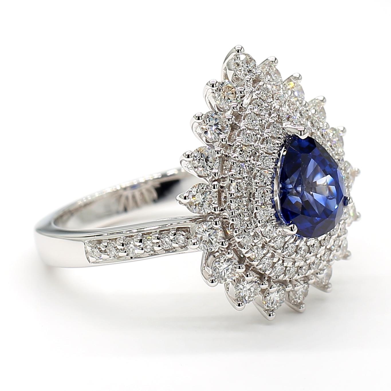 Natural Blue Pear Sapphire and White Diamond 2.62 Carat TW Gold Cocktail Ring