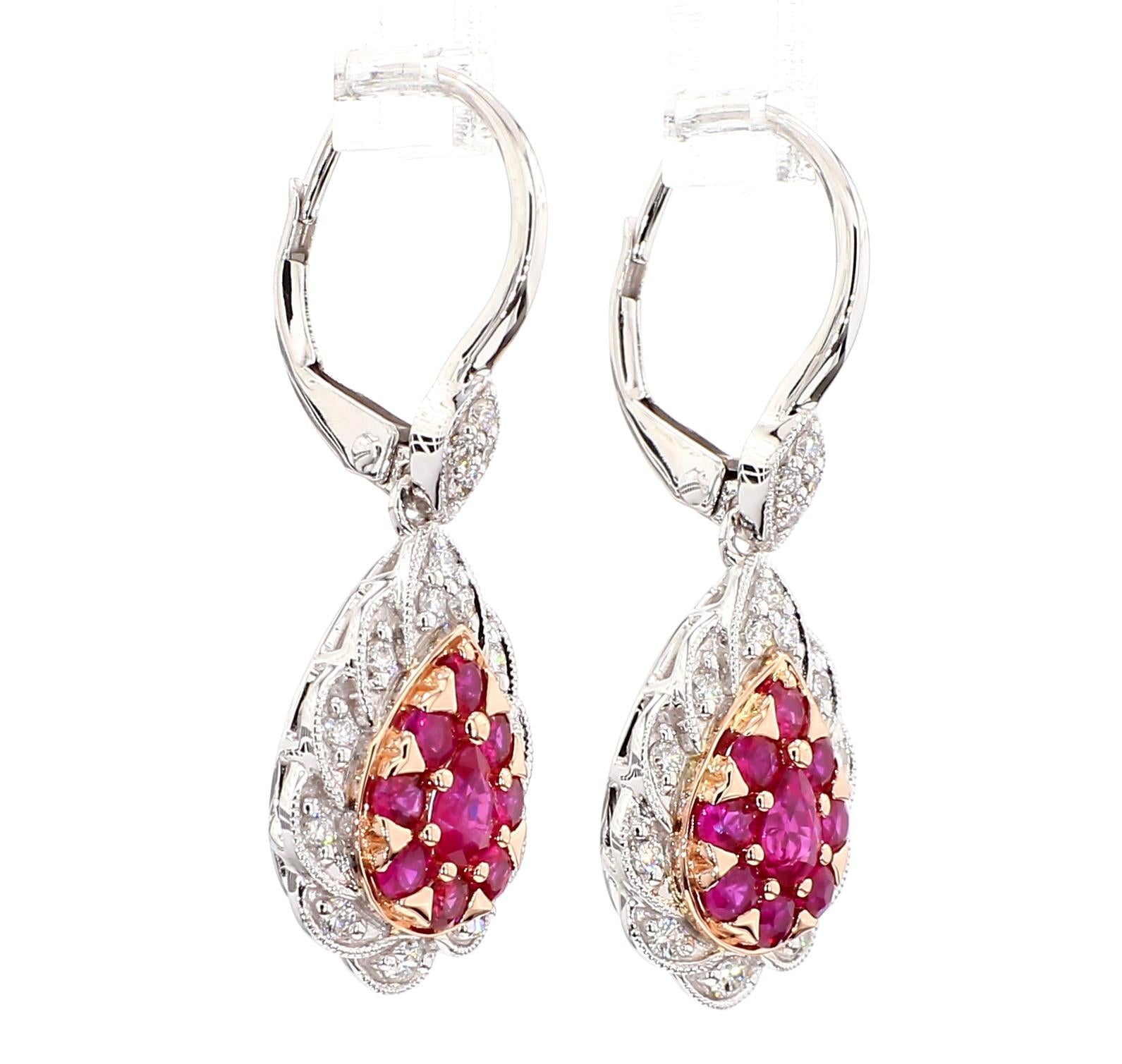 Natural Red Pear Ruby and White Diamond 1.37 Carat TW Gold Drop Earrings