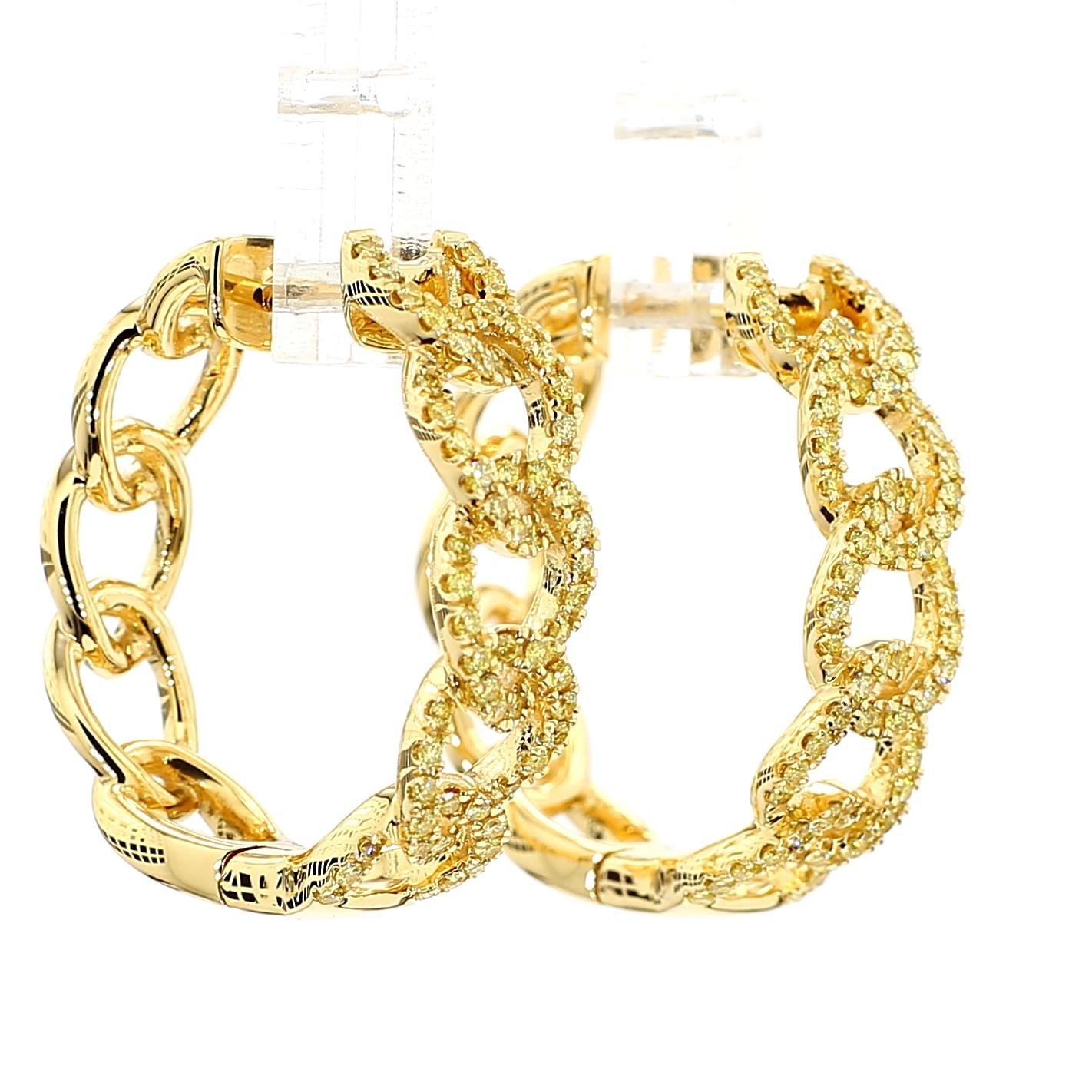 Natural Yellow Round Diamond 0.63 Carat TW Yellow Gold Hoop Earrings