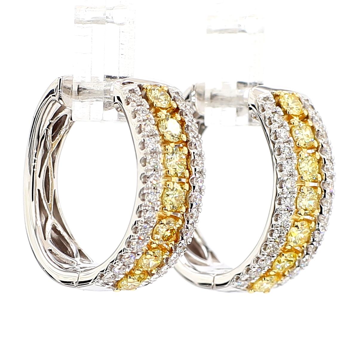 Natural Yellow Round Diamond 1.26 Carat TW Gold Hoop Earrings