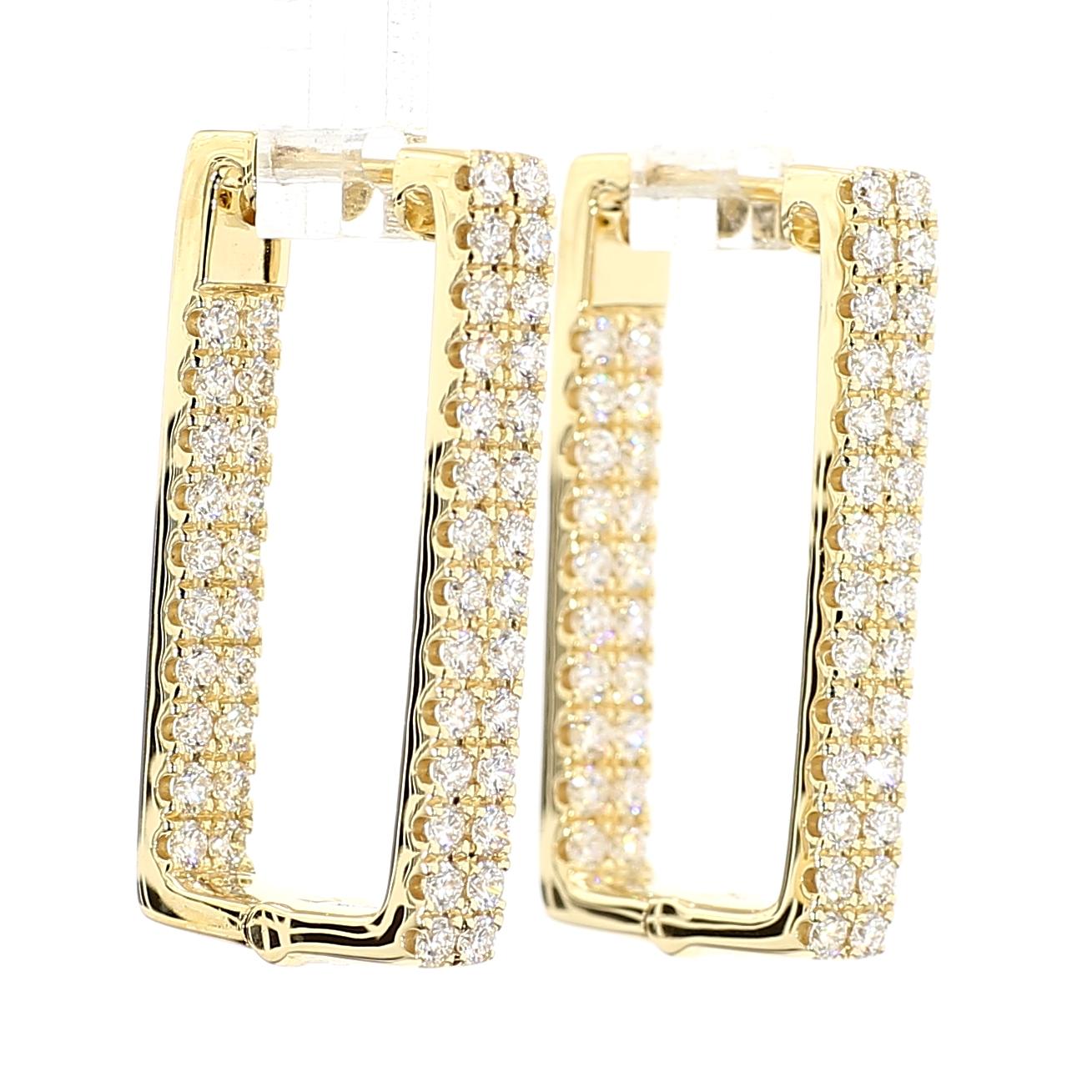 Natural White Round Diamond 1.55 Carat TW Yellow Gold Hoop Earrings