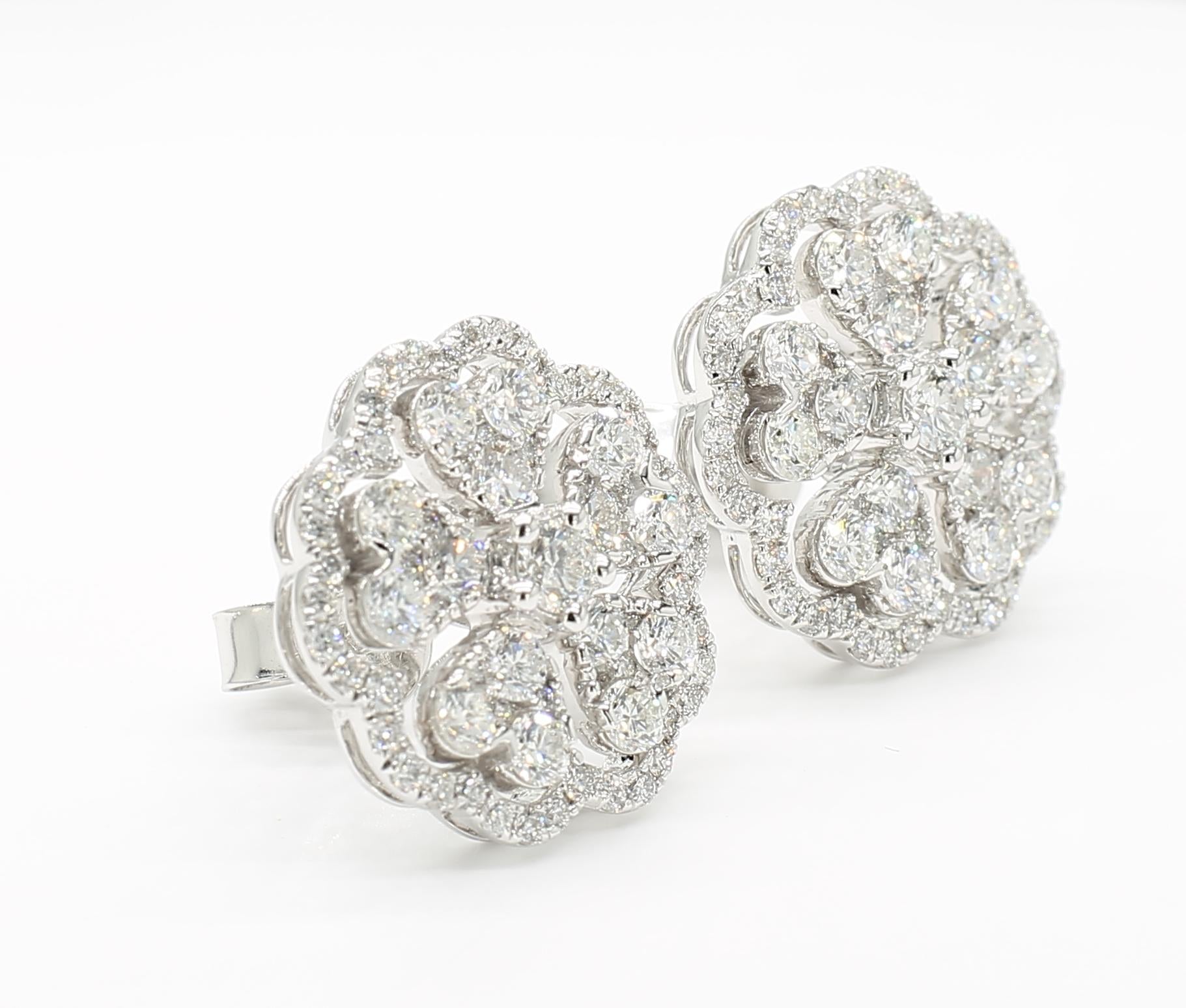 Natural White Round Diamond 2.40 Carat TW White Gold Stud Earrings