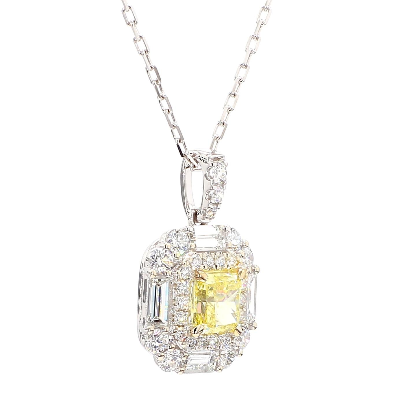 GIA Certified Intense Yellow Radiant Diamond 2.08 Carat TW Gold Drop Pendant