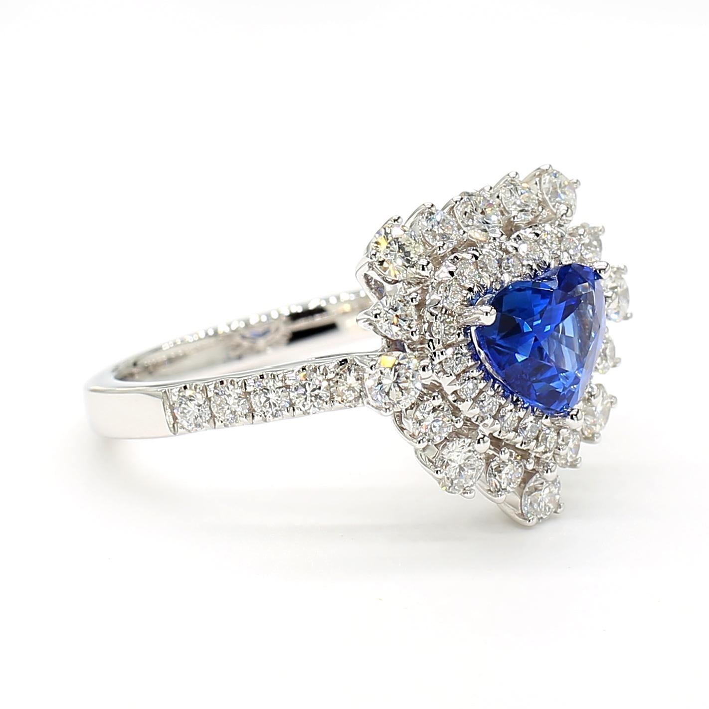 Natural Blue Heart Sapphire and White Diamond 2.36 Carat TW Gold Cocktail Ring