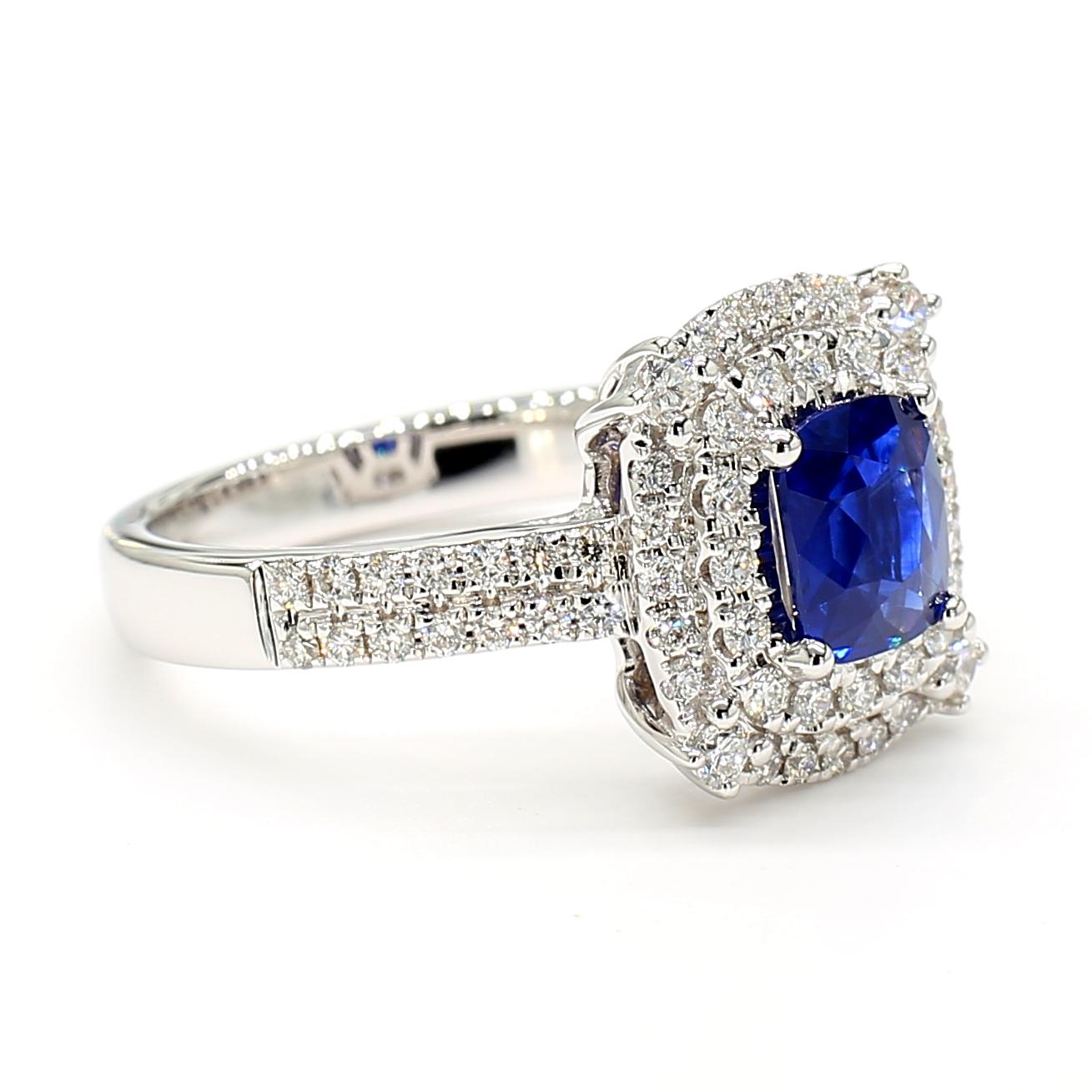 Natural Blue Cushion Sapphire and White Diamond 1.60 Carat TW Gold Cocktail Ring