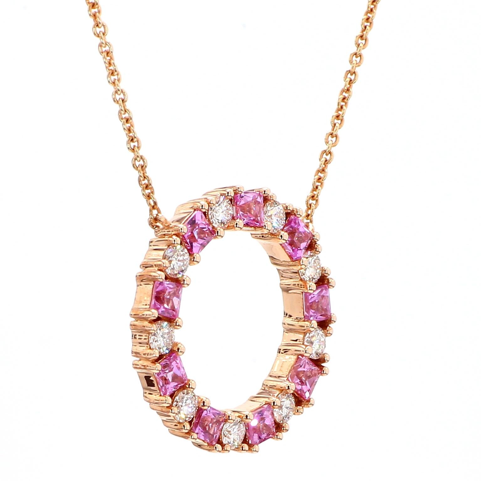 Natural Pink Princess Sapphire and White Diamond 1.60 Carat TW Gold Drop Pendant