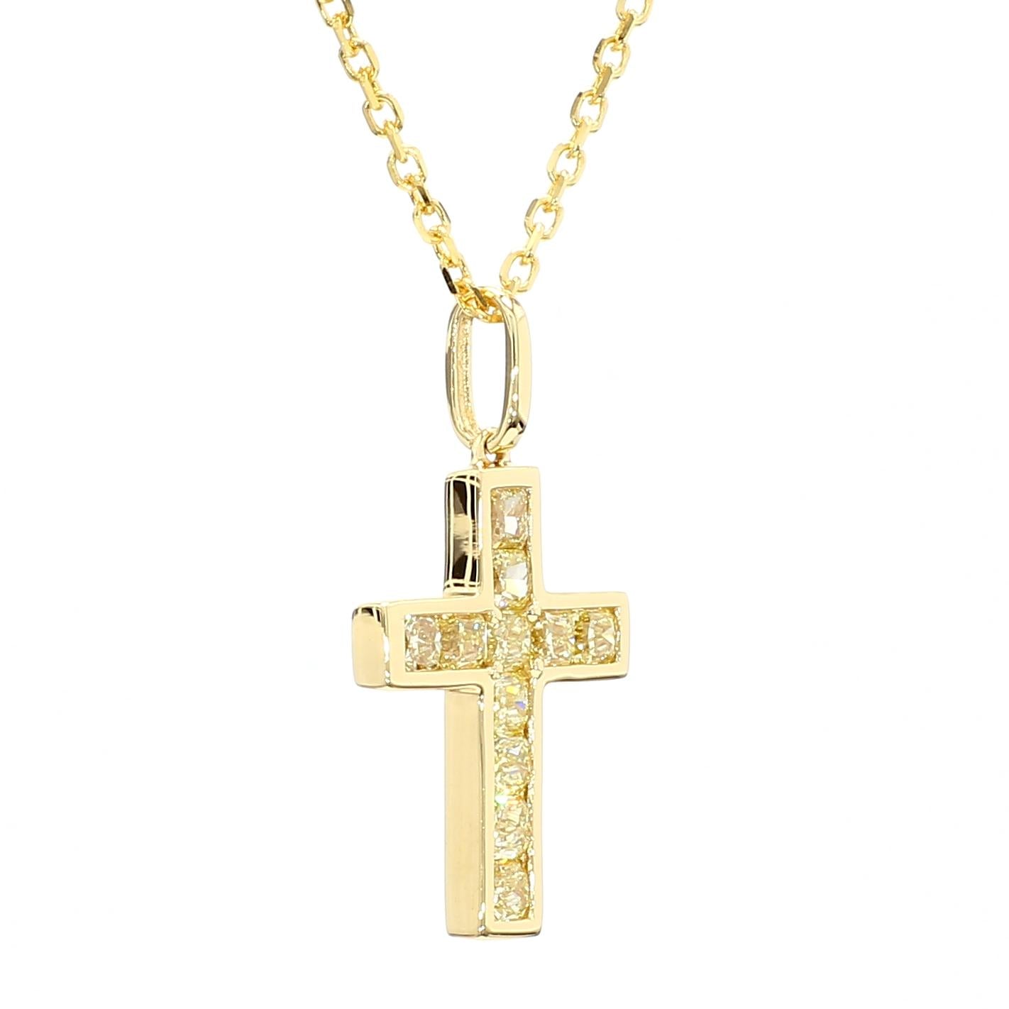 Natural Yellow Radiant Diamond 0.72 Carat TW Yellow Gold Cross Pendant
