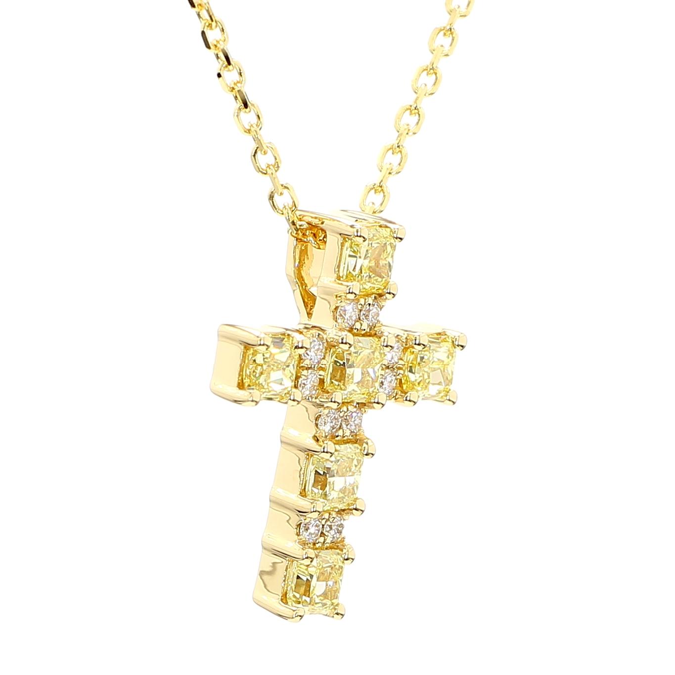 Natural Yellow Cushion and White Diamond 1.47 Carat TW Gold Cross Pendant
