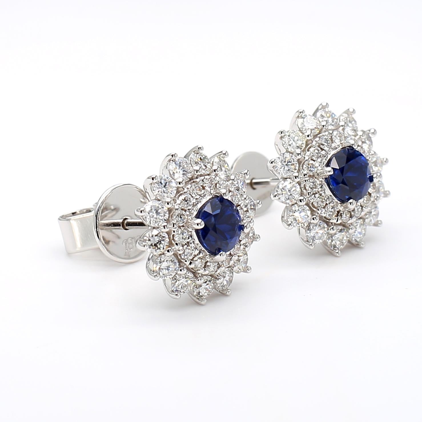 Natural Blue Round Sapphire and Diamond 1.46 Carat TW Gold Stud Earrings