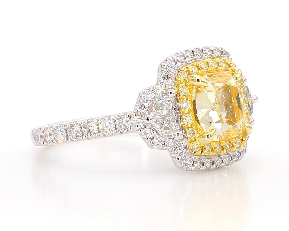GIA Certified Natural Yellow Cushion Diamond 3.05 Carat TW Plat Cocktail Ring