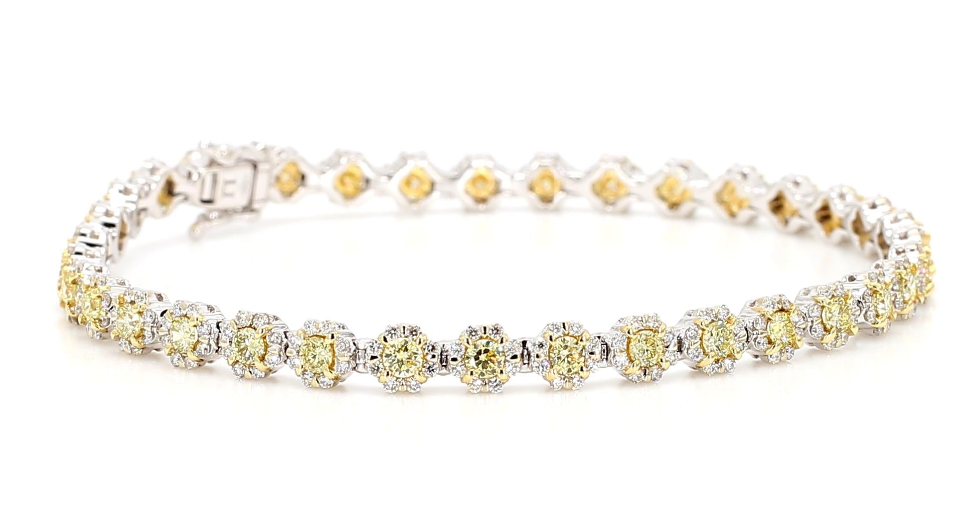 Natural Yellow Round and White Diamond 3.27 Carat TW Gold Tennis Bracelet
