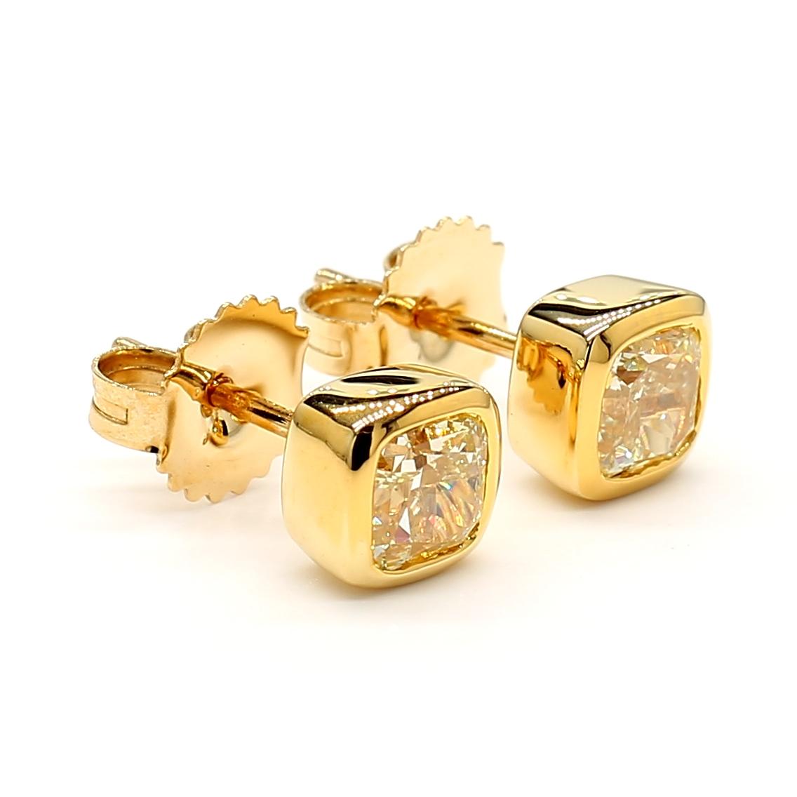 GIA Certified Natural Yellow Cushion Diamond 1.61 Carat TW Gold Stud Earrings