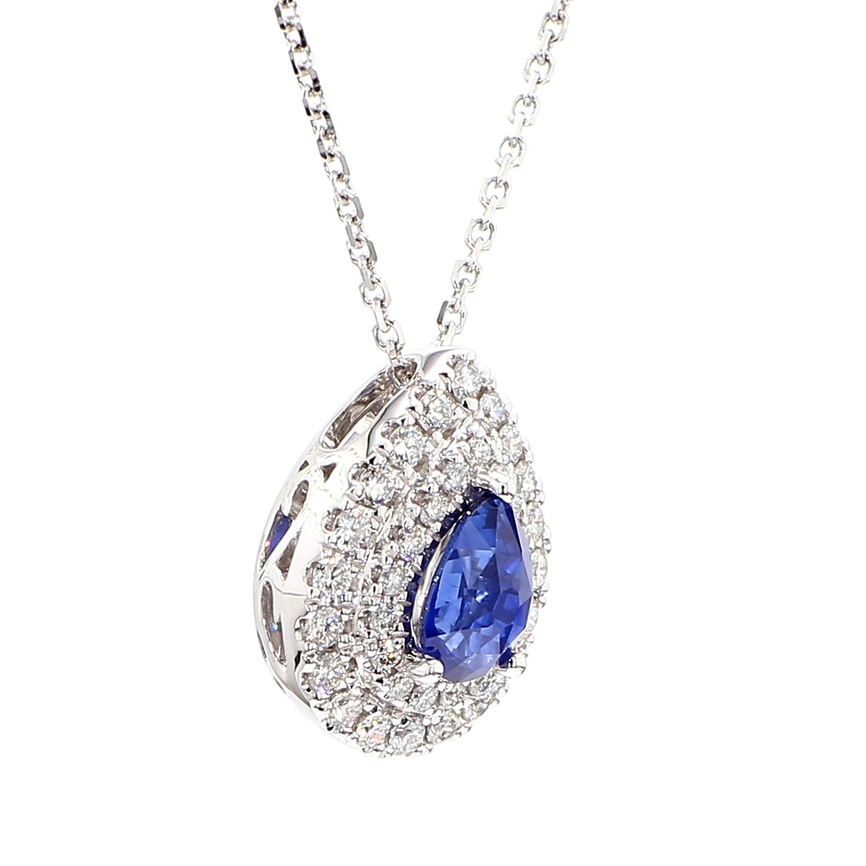 Natural Blue Pear Sapphire and White Diamond 1.40 Carat TW Gold Drop Pendant