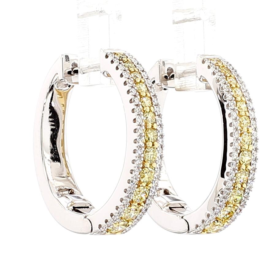 Natural Yellow Round Diamond 1.02 Carat TW Gold Hoop Earrings