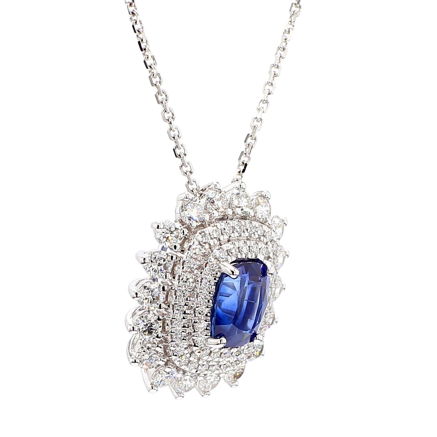 Natural Blue Cushion Sapphire and White Diamond 2.97 Carat TW Gold Drop Pendant