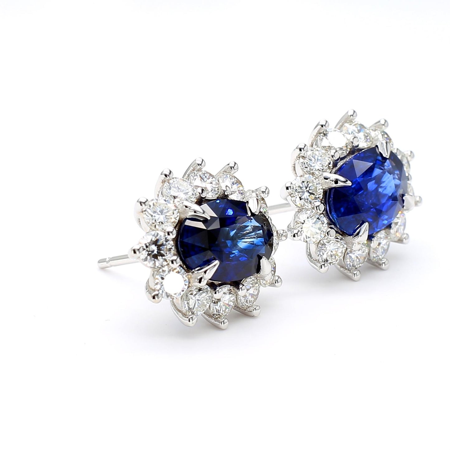 GIA Certified Blue Oval Sapphire and Diamond 5.63 Carat TW Gold Stud Earrings