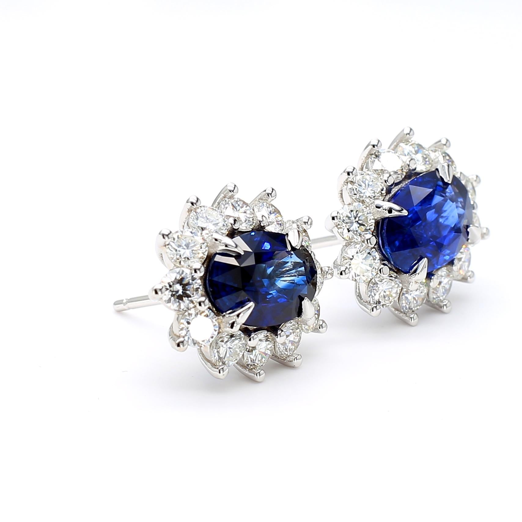 GIA Certified Blue Oval Sapphire and Diamond 5.63 Carat TW Gold Stud Earrings
