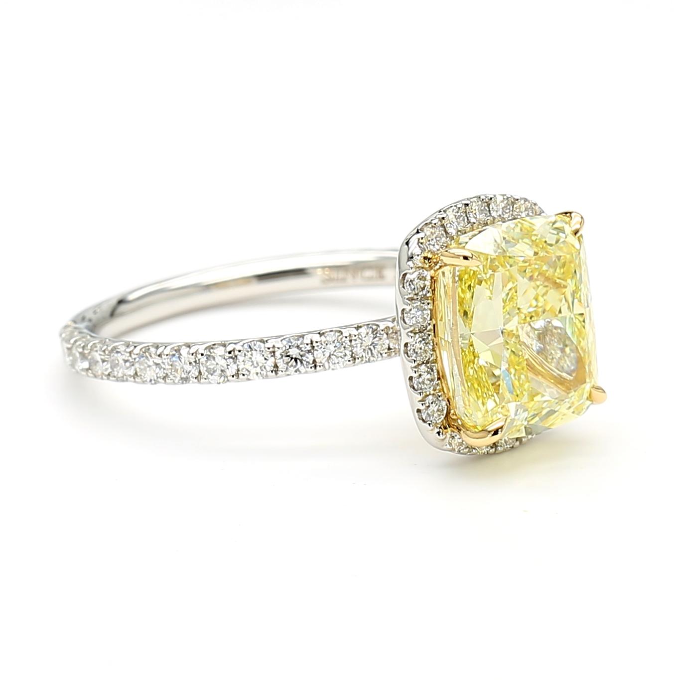 GIA Certified Fancy Intense Yellow Cushion Diamond 4.19 Carat TW Gold Ring