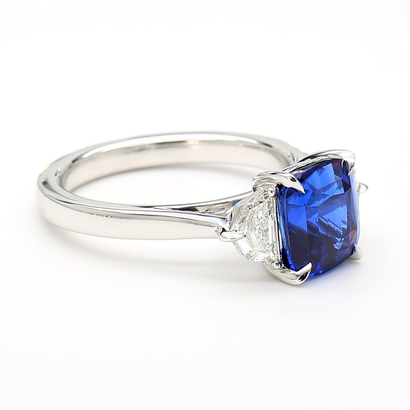 GIA Certified Deep Blue Cushion Sapphire and White Diamond 3.43 CT TW Gold Ring