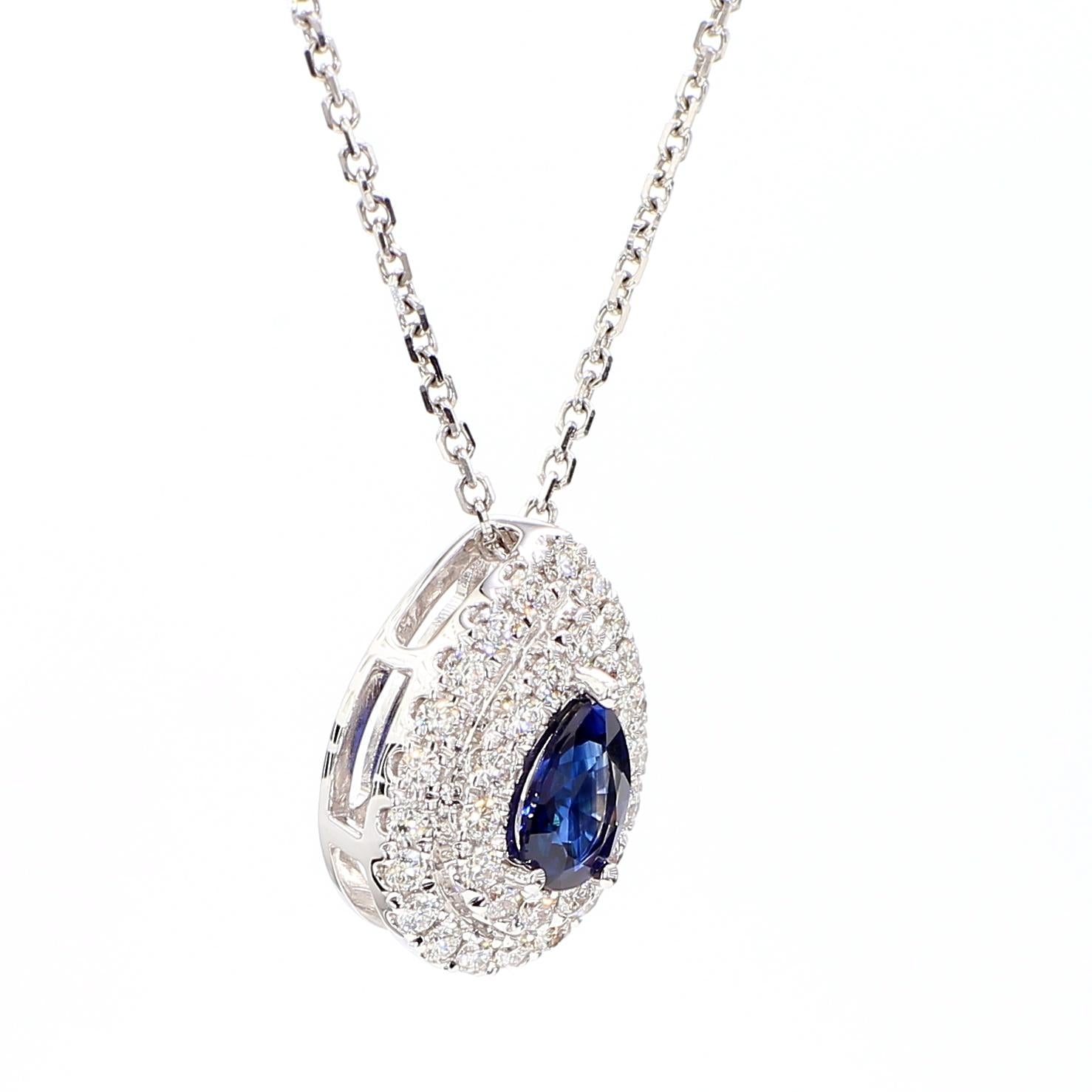 Natural Blue Pear Sapphire and White Diamond 0.73 Carat TW Gold Drop Pendant