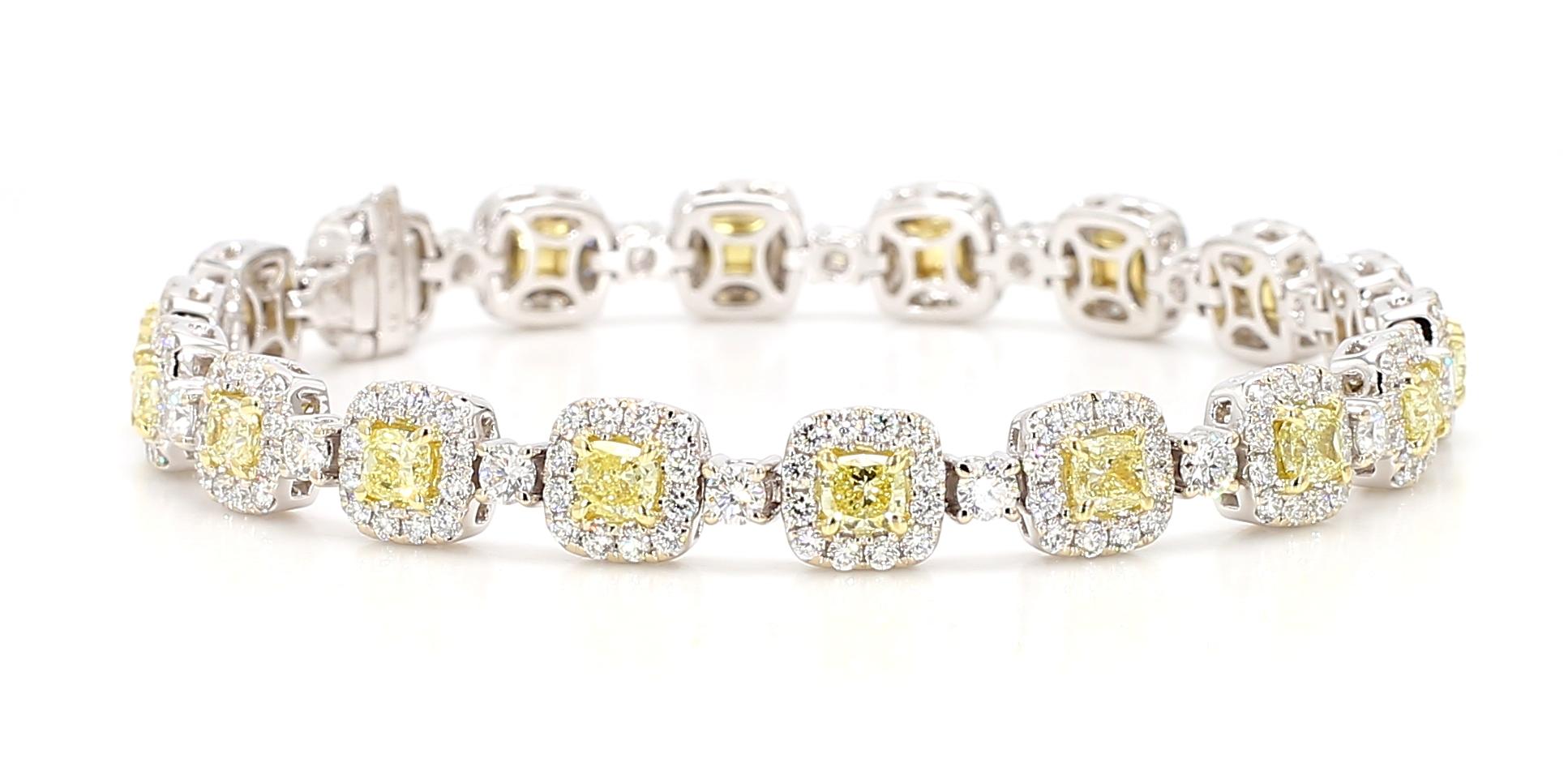 Natural Yellow Cushion Diamond 7.74 Carat TW Gold Tennis Bracelet