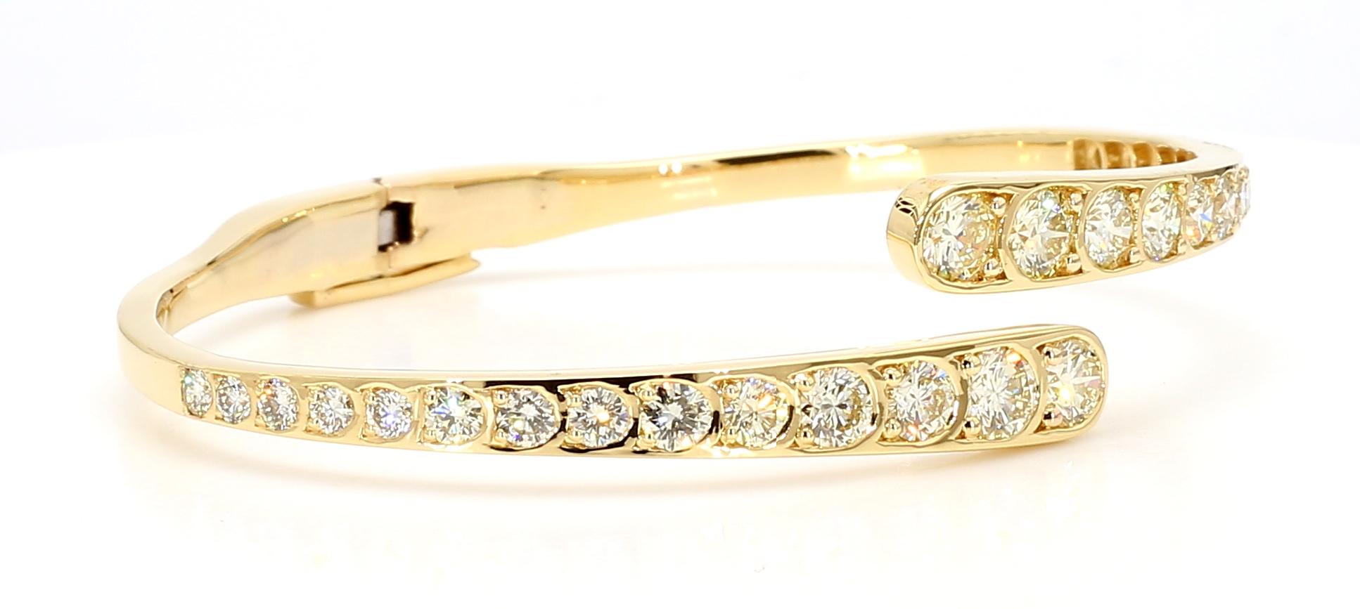 Natural White Round Diamond 3.98 Carat TW Yellow Gold Cuff Bracelet