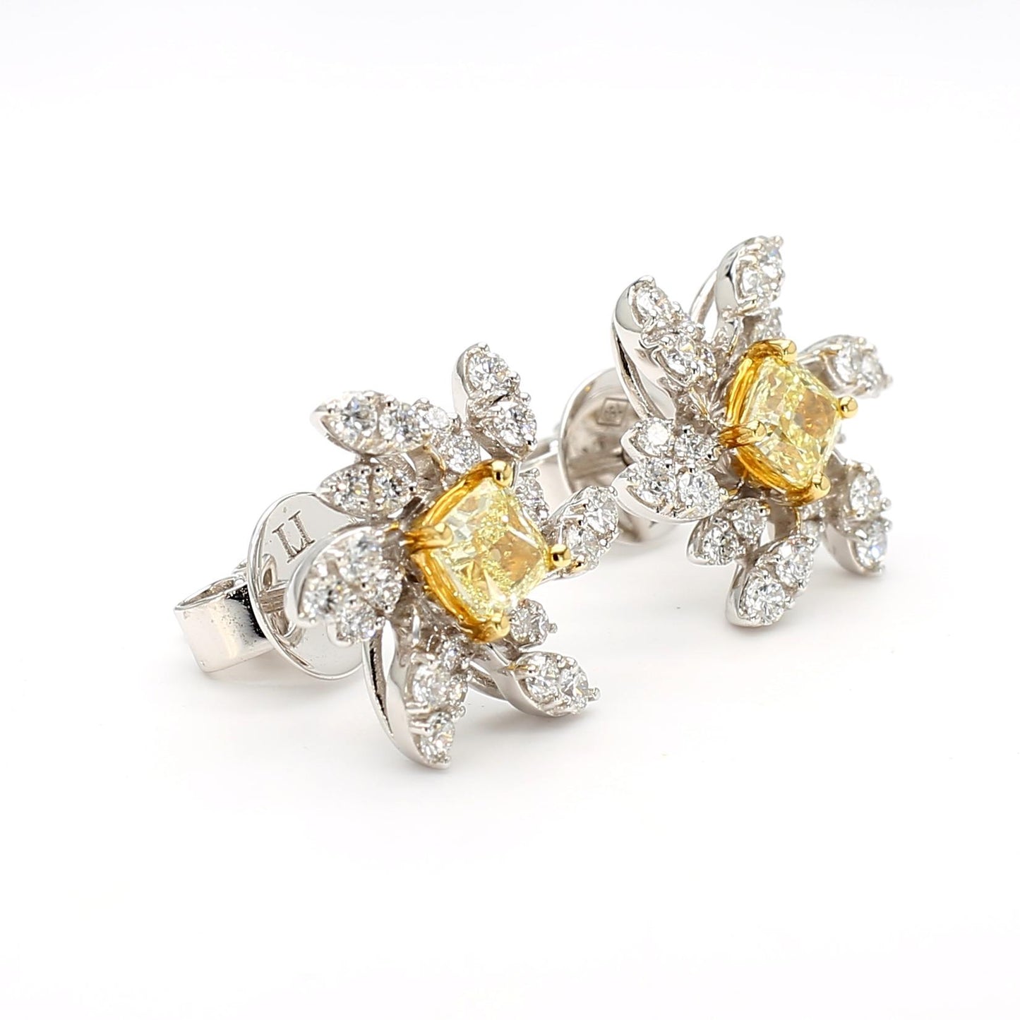 Natural Yellow Cushion Diamond 1.43 Carat TW Platinum Stud Earrings